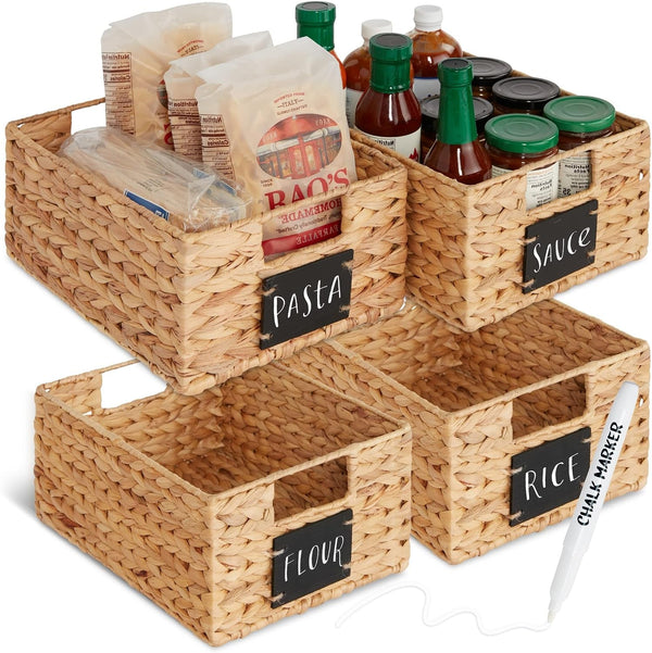 Set of 4 9X12In Water Hyacinth Pantry Baskets, Woven Organizers W/Chalkboard Label, Chalk Marker - Natural1