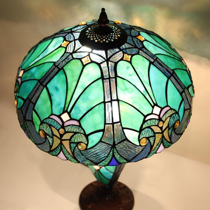 Tiffany Lamp 16" Cyan Green Stained Glass Table Lamp for Living Room | 3-Lights Victorian Style Turquoise Nightstand Bedside Desk Lamp with Nightlight for Bedroom Office W16" X H23"3