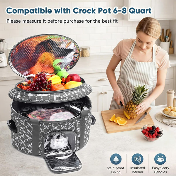 Double-Layer Slow Cooker Carrying Case for Crock Pot 6-8 Quart, Insulated Crockpot Carrier with Adjustable Lid Straps,Portable Slow Cooker Travel Bag for Potluck, Parties, Family Gatherings2