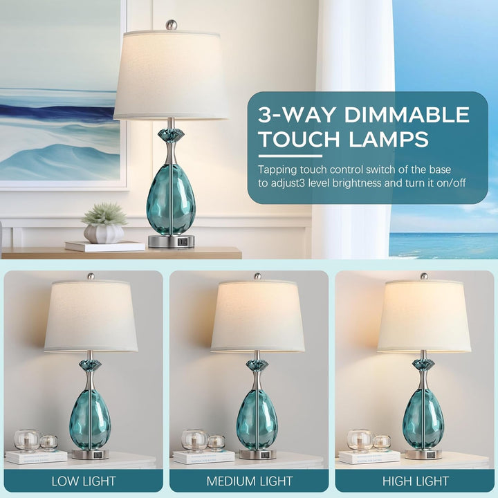 Coastal Glass Table Lamps Set of 2, 3-Way Dimmable Touch Control Nautical Lamp with USB A+C Ports,Bedside Lamp Beach Decor,Nightstand Lamp with White Shade for Living Room Bedroom(Led Bulbs Included)+2