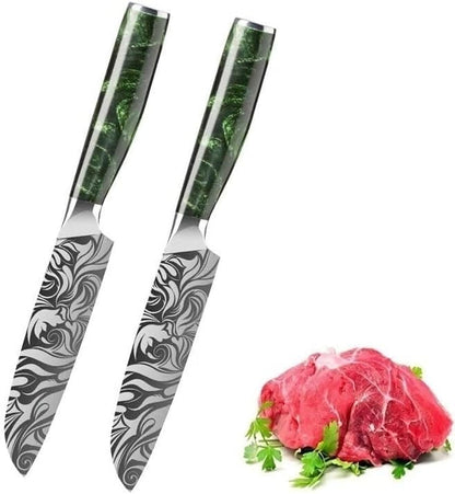 Meat Cleaver, 5 Inch Kitchen Knives Laser Damascus Pattern Santoku Knife Meat Cleaver Slicing Utility Knives Resin Handle(2Pcs)1