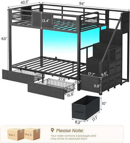 Bunk Bed Twin over Twin with Stairs, Storage Drawers and LED Lights2