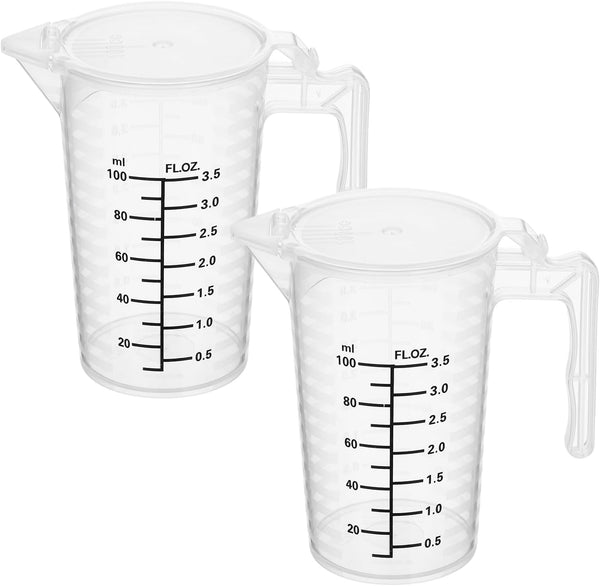 2 Pcs Measuring Cup with Lid 100Ml PP Plastic Ml & Oz Measuring Cup for Liquid Double Sided Graduated Beaker with Handle and Spout for Lab Home Kitchen (3.5Oz/100Ml)1