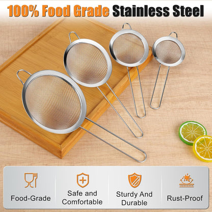 4PCS Fine Mesh Strainer Set, Premium Stainless Steel Fine Mesh Strainers, Food Fine Sieve with Non-Slip Handle, Perfect for Juice, Baking Flour, Drinks, Cocktails, Rice, Jam, Tea(2.8"/3.2"/3.9"/4.7")4