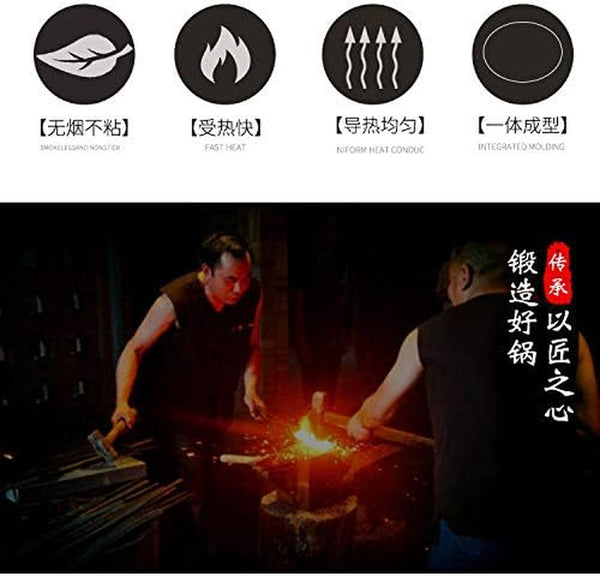 Chinese 100% Hand Hammered Iron Woks Stir Fry Pans, Non-Stick, No Coating, Less Oil, 34CM, Black Seasoned Wooden Handle, Masterchef7