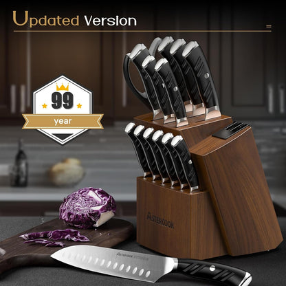 Knife Set, Kitchen Knives Set with Block and Dual Sharpener Full Tang 15 Pcs German Stainless Steel Knives Sharp Blade Dishwasher Safe Knife Set with Ergonomic Handle, Elegant Black9