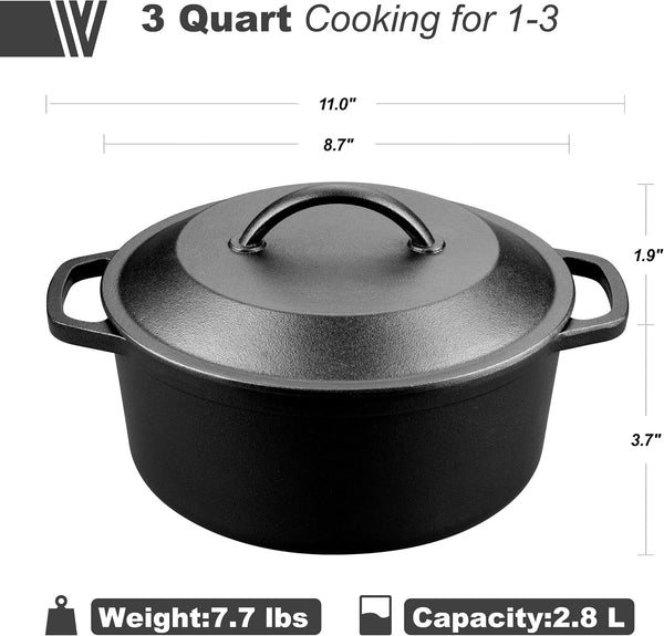 Pre-Seasoned Cast Iron Dutch Oven with Lid, round and Dual Handles, for Stovetop, Camping, Grill, Induction, Electric, Black, 3 Qt2