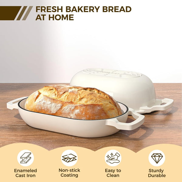 Enameled Cast Iron Dutch Oven Pot with Lid, Oval Bread Oven | Loaf Cast Iron Bread Pan for Homemade Bread Baking, Meatloaf Pan with Lid, 5.5QT, Cream White3
