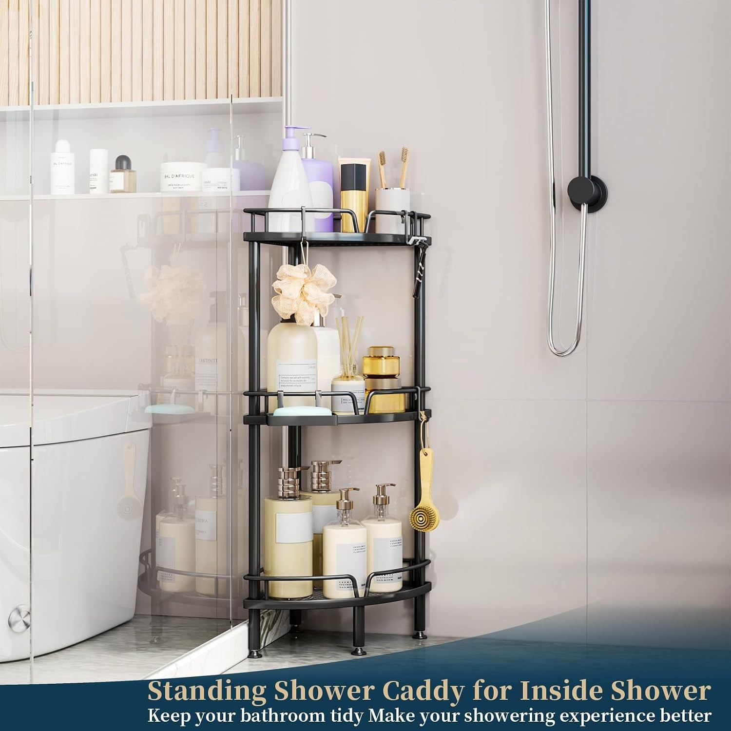 corner-shower-caddy-stand-3-tier-shower-organizer-with-soap-holder-tall-floor-corner-shelves-standing-with-adjustable-feet-4-hooks-storage-rack-for-bathroom-black