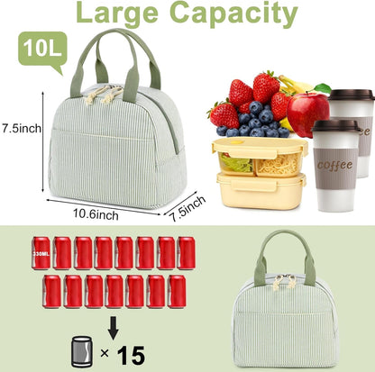 Lunch Box for Women Cute Lunch Bag Reusable Insulated Lunch Bags Large Capacity Lunchbox Cooler for Work Picnic or Travel Gifts (A Sage Green White Stripes, 10 X 7.5 X 8 Inches)4