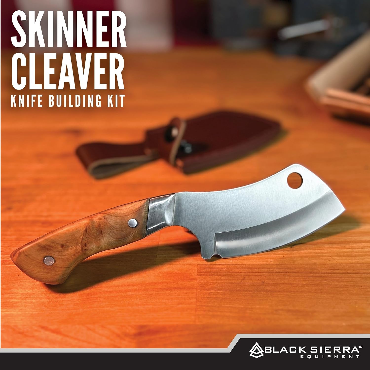 black-sierra-skinner-cleaver-knife-building-kit-fixed-stainless-steel-blade-with-leather-sheath-hobbyist-chef-cutlery-carbon-steel-cutlery-meat-cutting-blade-diy-knife-making-supplies