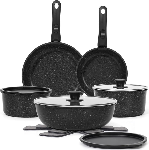 15Pcs Pots and Pans Set Non Stick, Detachable Handle, Induction | Nonstick,Black, Aluminum, Granite Coating,Induction Ready, RV Kitchen, Stackable Design, Space-Saving for Small Kitchens1