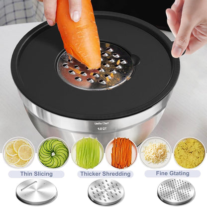 Mixing Bowls with Airtight Lids Set, 8PCS Stainless Steel Nesting Bowls Set, 3 Grater Attachments & Non-Slip Bottoms, Size 5, 4, 3.5, 2, 1.5QT for Baking & Mixing(Black)5