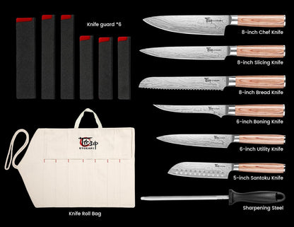 14Pcs Chef Knife Set with Roll Bag, Professional Stainless Steel Japanese Knife Set with Pakkawood Handle for Professional Chef, Camping, Travel, BBQ, RV or Gift Beige | High Carbon Stainless Steel Japanese Knife Set with Sharpener, Wood Handle, Professional for Home, Camping, BBQ, Ideal Gift6