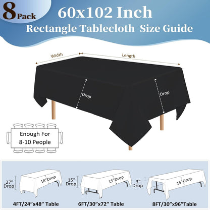8 Pack 60 X 102 Inch Black Tablecloths for 6 Foot Rectangle Tables | Wrinkle Resistant, Washable, Polyester Fabric, Rectangular Table Cloth for Dining Banquet Wedding Party2