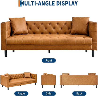 81" Leather Couch for Living Room, Chesterfield Sofa with Deep Seat, Handmade Button Tufted 3 Seater Sofa, Modern Leather Sofa for Apartment, or Office, Cognac Tan7