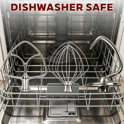 3-Piece Stainless Steel Mixer Attachment Kit for Kitchenaid 4.5 and 5 QT Tilt-Head Stand Mixers, Includes K45WW Wire Whip, Dough Hook & K45B Flat Beater, Dishwasher Safe6