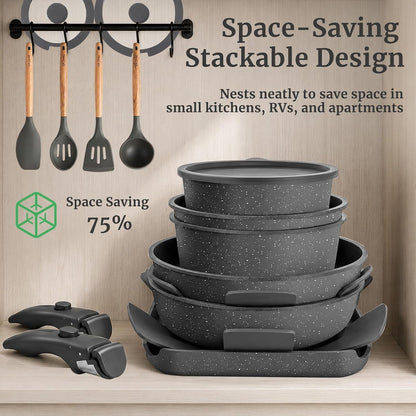 21Pcs Nonstick Pots and Pans Set with Removable Handles, Oven Safe | Non-Toxic Granite Cookware Set for Rvs, Camping, Induction Compatible, Stackable Pfoa/Pfos-Free4