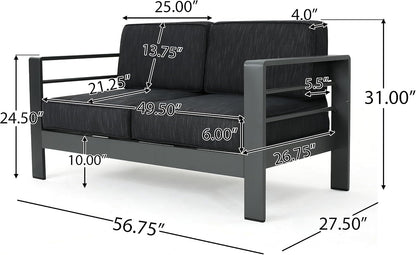 Cape Coral Outdoor Aluminum 5 Piece Loveseat Chat Set Water Resistant Cushions Grey Square Fire Table, 32.00 "W X 27.5 "D X 24.6 "H, Dark Gray + Gray9