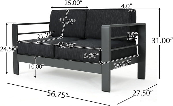 Cape Coral Outdoor Aluminum 5 Piece Loveseat Chat Set Water Resistant Cushions Grey Square Fire Table, 32.00 "W X 27.5 "D X 24.6 "H, Dark Gray + Gray9