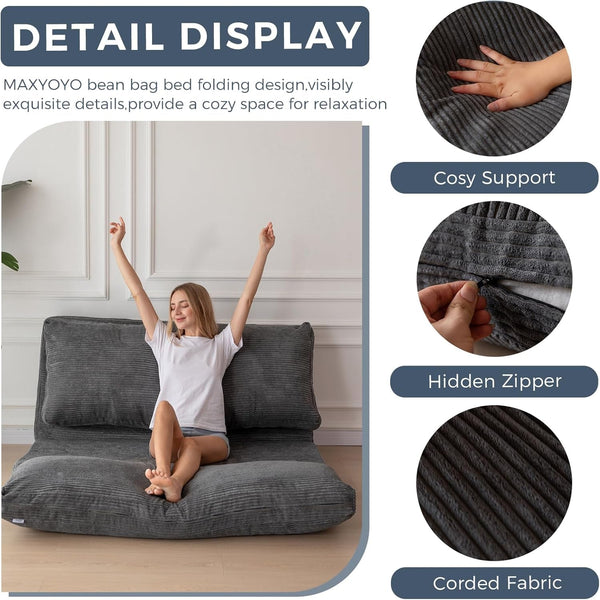 Folding Sofa Bed, Extra Thick and Long Floor Sofa Convertible Chair with Washable Cover, Floor Couch Lounge Bean Bag Bed for Living Room, Dark Grey, 54X91 Inch8