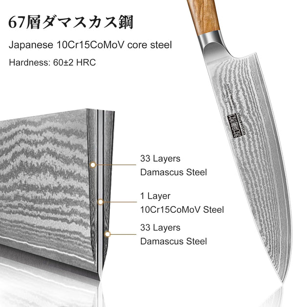 Damascus Kitchen Knife Set 5PCS, Sharp Chef Knives Ergonomic Grip | Professional Cooking Knife Set | Japanese Super Steel | 15° Edge | 62 HRC | Ergonomic Olive Wood Handle | Housewarming Gift3