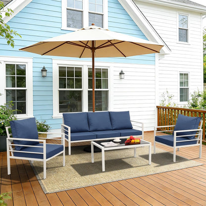 Patio Furniture Set Aluminum 4 Pieces White Metal Outdoor Furniture Set Glass Coffee Table with No-Slip Cushions and Waterproof Covers, Navy Blue2