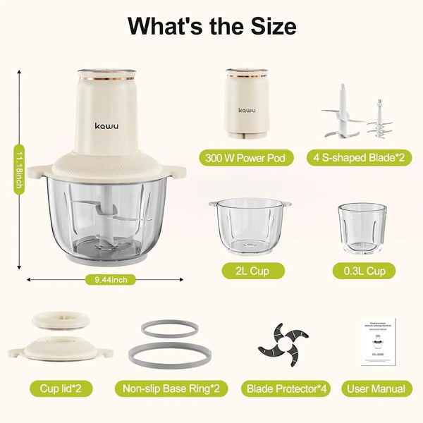 Food Processor, 2-Speed Food Chopper & Meat Grinder with 2 Glass Bowl | 8+1 Cup, 300W, Stainless Steel Blades, Small Electric Vegetable Chopper for Kitchen, for Nuts, Baby Food, Onion, Garlic, Meat8