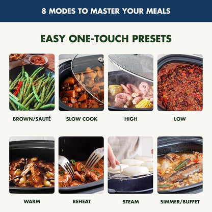 Elite 8-In-1 Programmable 6QT Electric Slow Cooker,Dishwasher Safe Lid & Removable Crock, Pfas-Free Healthy Ceramic Nonstick Multi-Cooker,Sear, Sauté,Brown,Steam Basket,Roast, Oxford Blue3
