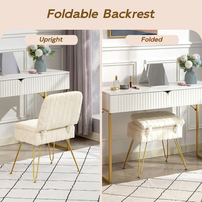 Vanity Chair with Storage | Comfy Ottoman with Folding Back | Faux Fur Vanity Stool with 4 Metal Legs for Make up | Furry Padded Seat with Anti-Slip Feet for Bedroom Dressing Room | White7