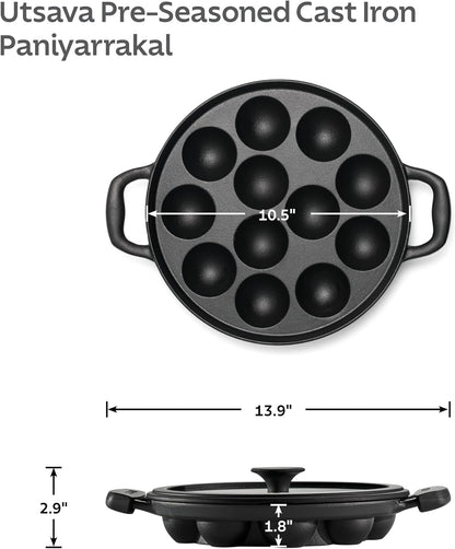 Utsava Pre-Seasoned Cast Iron 12-Hole Appam Pan | Appe Pan with Lid, Great for Paniyaram, Takoyaki and More4