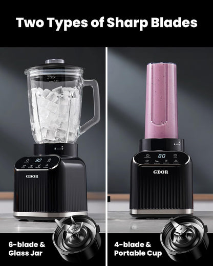 Smoothie Blender for Kitchen,1200W Glass Blender with 5 Smart Programs | Professional Blender with 52Oz Jar & 24Oz To-Go Cup, 6-Leaf Blade for Ice Cubes, Frozen Fruits, and Shakes, Self-Clean, Black5