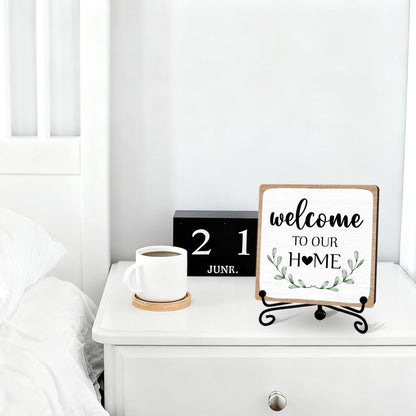Welcome to Our Home Sign Decor, Rustic Home Kitchen Wooden Sign with Iron Stand, Housewarming Gift for Living Room Bedroom Bathroom Shelf Table - A044
