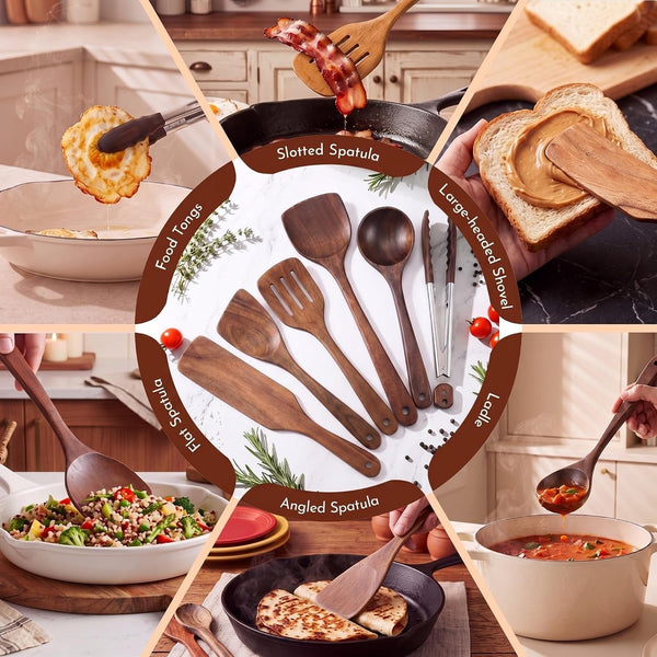 6 Pcs Walnut Wooden Kitchen Utensil Cooking Utensils Set Tong Spatula Spoon6