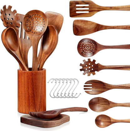 Wooden Kitchen Utensil Set,10 Piece Natural Teak with Spoon Rest & Hooks1