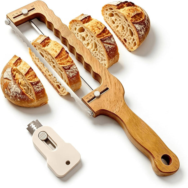 Solid Walnut Wood Bread Bow Knife & Bread Lame Set | Adjustable Bread Slicer for Even Slices, Ultra Sharp Serrated Fiddler Knife for Artisan Sourdough, Homemade Loaves & Cakes, Ergonomic Design1