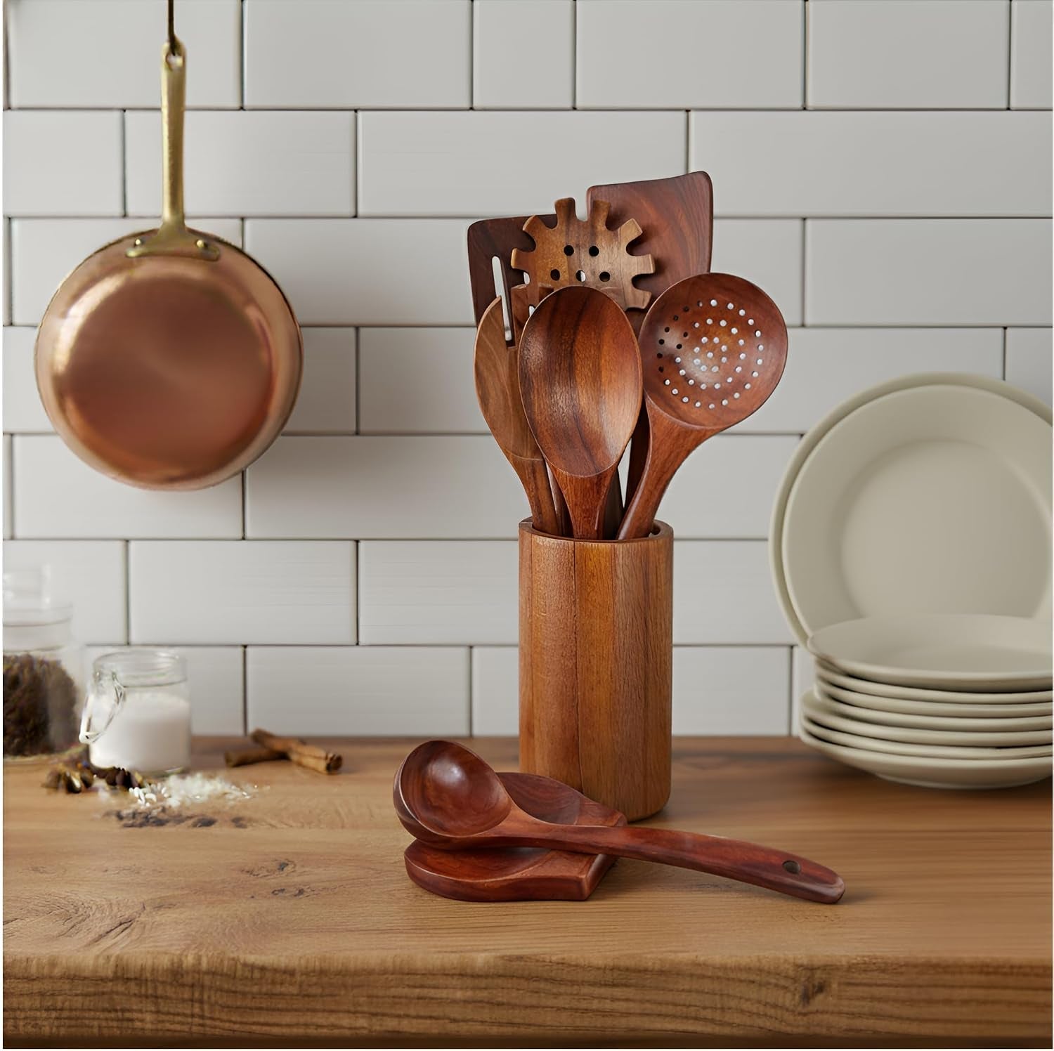 wooden-utensil-set-9-pcs-hand-crafted-heat-resistant-non-scratch-easy-to-clean-natural-teak-wooden-kitchen-tools-with-spatula-slotted-spatula-spoons-ladle-pasta-server-salad-fork-holder-set