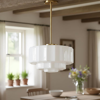 Vintage Milk Glass Pendant Lights, 13.7" White Art Deco Chandelier, Semi-Flush Mount Ceiling Light for Bedroom, Foyer, Living Room, Bar Counter, Contains Three E12 Bulbs (Gold, 13.7Inch)1