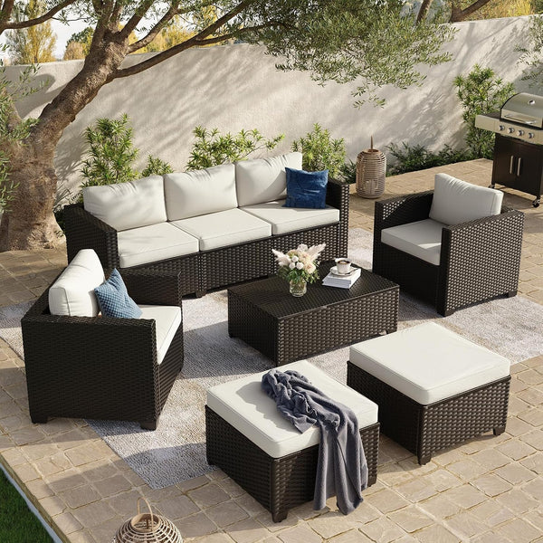 8 Piece Outdoor Patio Furniture Set 7 Seats, Outdoor Sectional with Thick Waterproof Cushions, Patio Conversation Sets for Garden,Backyard, Porch, Deck, Black & Beige1