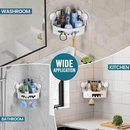 Corner Shower Caddy with Suction Cups, Wall Mounted Organizer Plastic Rack for Small Bathrooms, Kitchen, Removable Drill-Free Heavy Duty Shelf Basket, White11