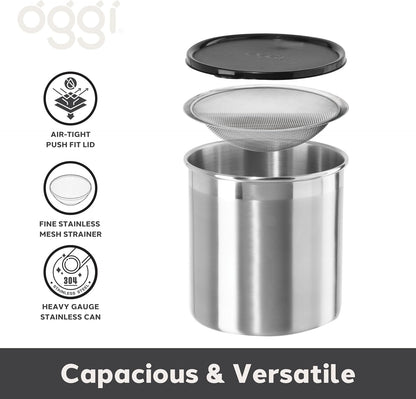 Oggi Stainless Steel Jumbo Grease Container with Removable Strainer and Snug Lid. Perfect Container for Fryer Oil, Bacon Drippings, Lard and Ghee Oil. Large Capacity Can - 1 Gall / 4 Qt / 3.75 Lt2