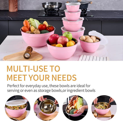 Pink Mixing Bowls with Airtight Lids,Stainless Steel Bowl,Salad Bowls 7 Piece Colorful Nesting Bowl Pink Kitchen Accessories,Size 7,3.6,2.7,2.1,1.5,1.1,0.8QT Stackable Design5