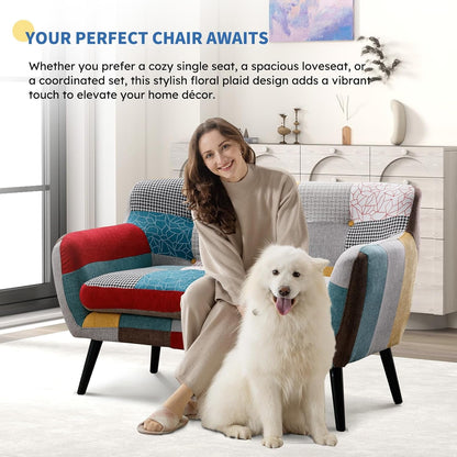 Modern Boho Loveseat Couch Sofa Chair for Living Room Bedroom, Upholstered Colorful Plaid Fabric 2-Seat Love Seat Sofa with Wood Leg for Small Space, One Loveseat6