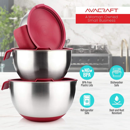 18/10 Stainless Steel Mixing Bowls with Lids, Non Slip Silicone Base Bowls with Handle, Mixing Bowl Set with Pour Spouts & Measurement Marks, Home Essentials Cooking Bowls, (Red)6