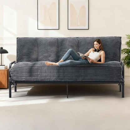 10" Futon Mattress Queen Size,Futons Sofa Couch Bed with Straps, Thick Corduroy Floor Mattress for Adults, Roll up Folding Mattress Shredded Foam Filling, Medium Firm (Gray, Full)1