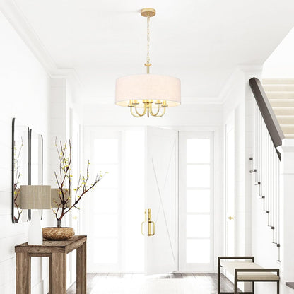 5 Lights Drum Chandelier Gold Farmhouse Chandelier with Shades 19" Large Pendant Light Fixtures Hanging Brass round Chandeliers for Bedroom Dining Room over Table Living Room Foyer Kitchen Island4