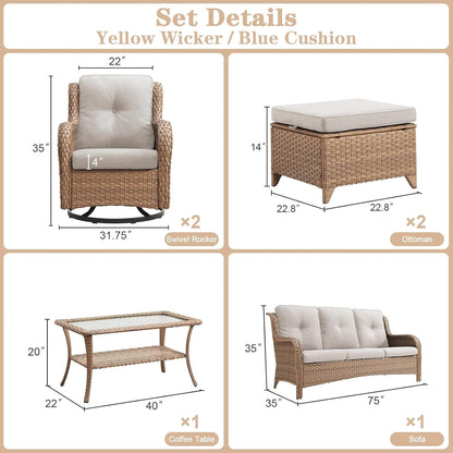 6 Piece Wicker Patio Furniture Set, Outdoor Swivel Rocker Chairs Set of 2 with Ottomans and 3 Seater Sofa, All Weather Patio Conversation Furniture Set, for Pool,Yard Yellow Wicker/Beige2