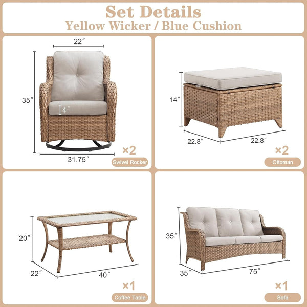6 Piece Wicker Patio Furniture Set, Outdoor Swivel Rocker Chairs Set of 2 with Ottomans and 3 Seater Sofa, All Weather Patio Conversation Furniture Set, for Pool,Yard Yellow Wicker/Beige2