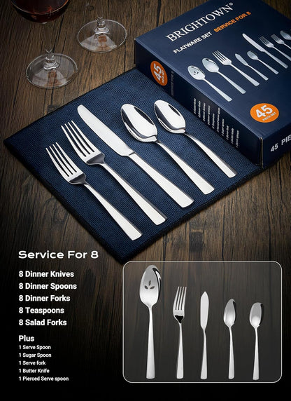 Silverware Set for 8, 45 Piece Stainless Steel Kitchen Utensils Cutlery Set | Gift Package for Wedding Housewarming, Heavy-Duty Steak Knife Fork and Spoon, Dishwasher Safe, Ergonomic Design, Flatware Set7