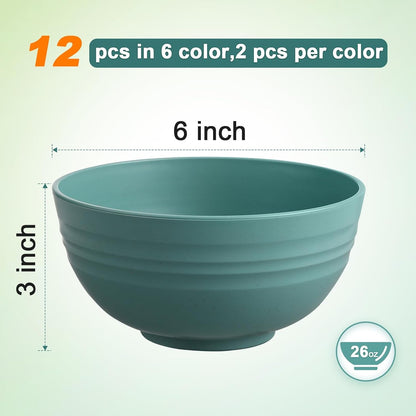 12 Pcs Unbreakable Cereal Bowls Set, 26 Oz Wheat Straw Bowls Set, Microwave & Dishwasher Safe Rice Bowls for Kitchen, Reusable Plastic Bowls for Soup, Salad and Snack, BPA Free, Multicolor2